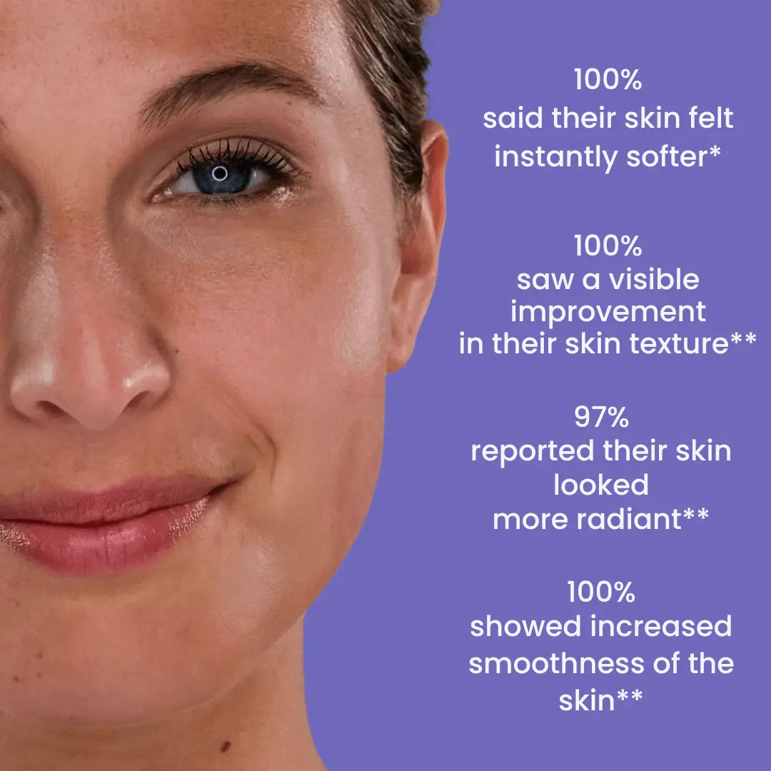 Close-up of a woman's face with text highlighting skin improvement results on a purple background